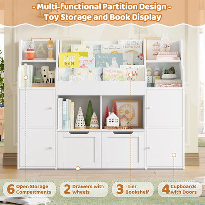 Getone Toy Storage , Childrens Bookcase,Unit 3-tier Kids Bookshelf, Kids Storage with 2 Drawers with Wheels, 4 Doors, 6 Open Shelves,multi-functional toy storage unit122x30x100cm