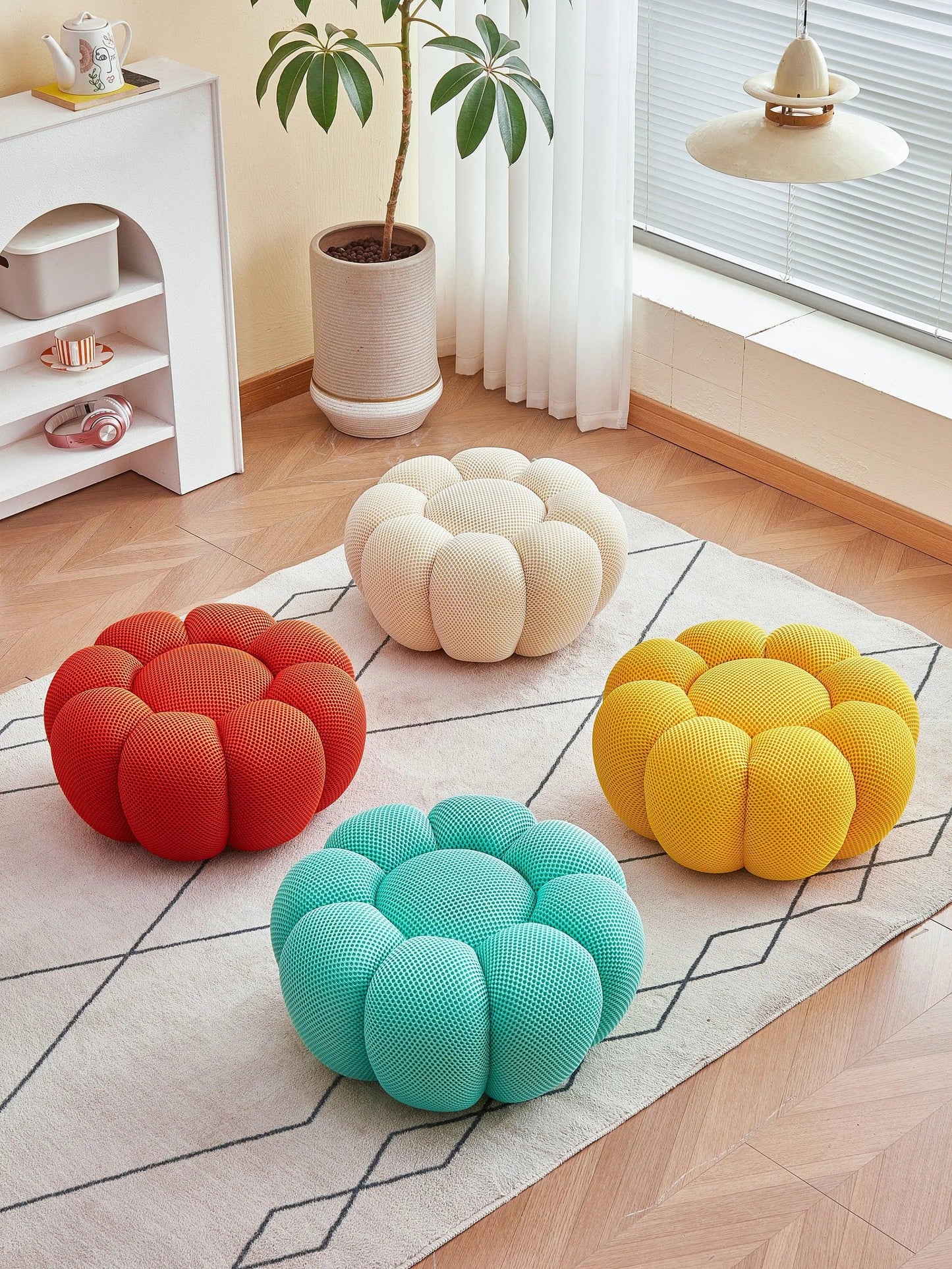 Nordic Sofa Pedal Simple Round Stool Low Ottomans Living Room Sofa Footstool 3D Fabric Creative Leg Footstool Pumpkin Footstools