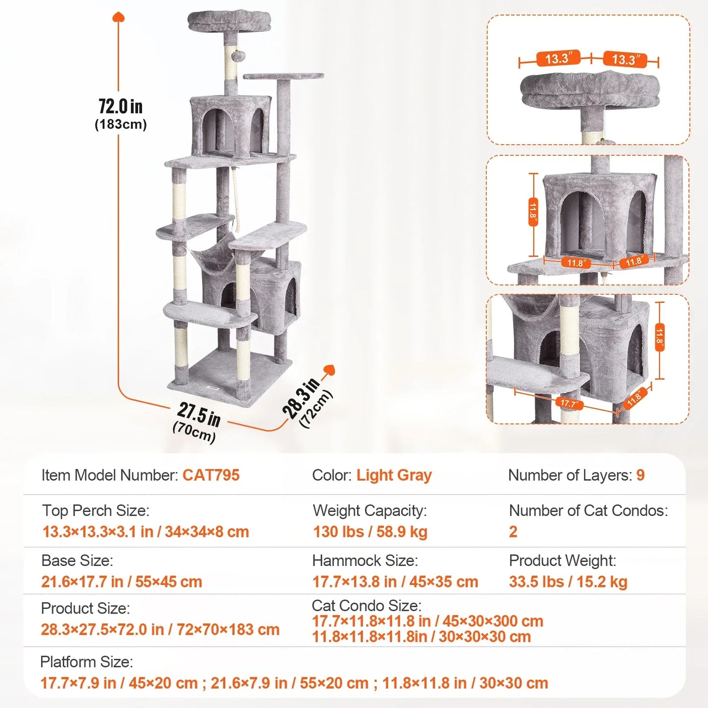 SucceBuy Cat Tree for Indoor Cats 45.2"  Tower with Cat Condo Sisal Scratching Post HammockTop Perch Jumping Platforms Dark Grey