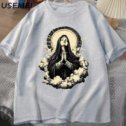 Christian T Shirt Virgin Mary Graphic Tshirt Faith Unisex Tee Christmas or Easter T-shirt Tee Shirt Cotton Short Sleeve Clothes