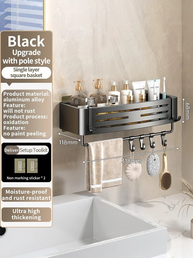 No Need To Drill Walls for Installation Aluminum Bathroom Shelf Shelves Shampoo Rack Storage Holder Kitchen Organizer Wall Rack