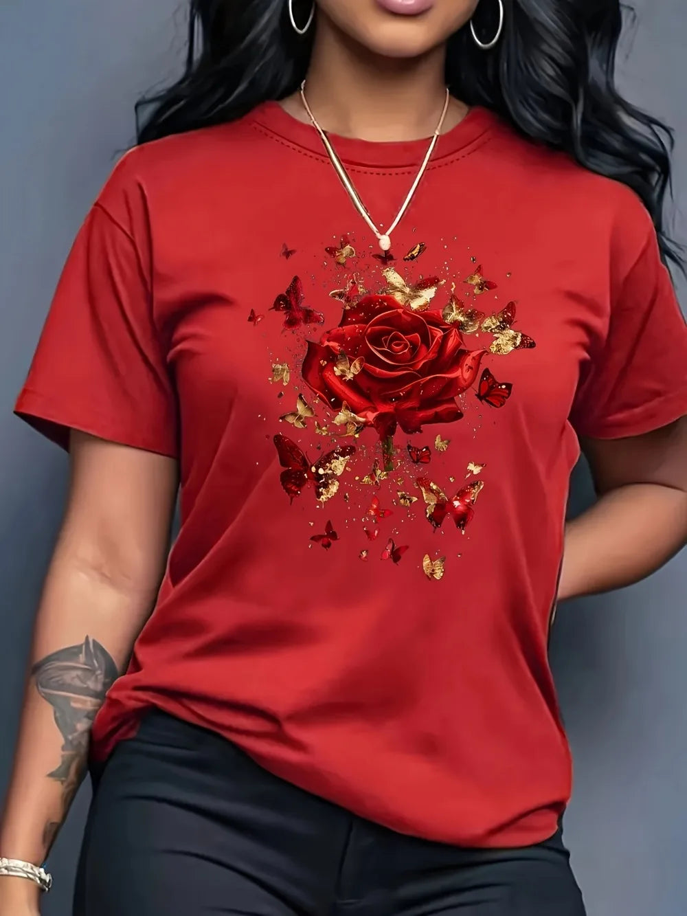 Women's Casual Sports T-Shirt Floral Red Rose and Butterfly Print T-Shirt Casual Round Neck Short Sleeve Daisy Shirt Floral Tee