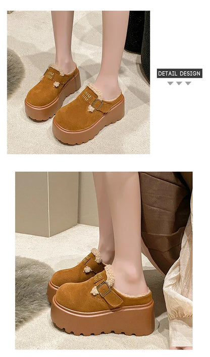 Platform High Heels Slippers Women Suede Mules Shoes Fur Warm Wedges Flip Flops 2025 Winter New Snow Boots Fashion Zapatos Mujer