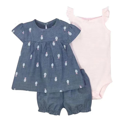 Newborn Baby Girl Clothes Set Summer Fashion Flower Cotton Infant Outfits Short Sleeved Bodysuit Shorts 3Pcs Toddler Clothing