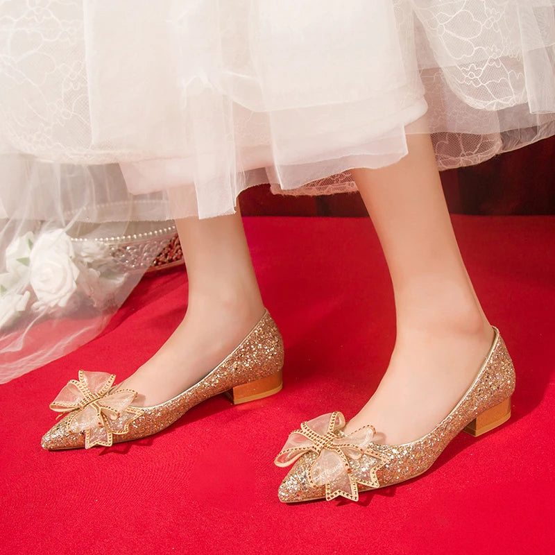 Crystal Butterfly-knot Flat Wedding Shoes Slip  Shoes Women Shiny Gold Silver Bridal Shoes Beaded  Flat Heels Med (3cm-5cm)