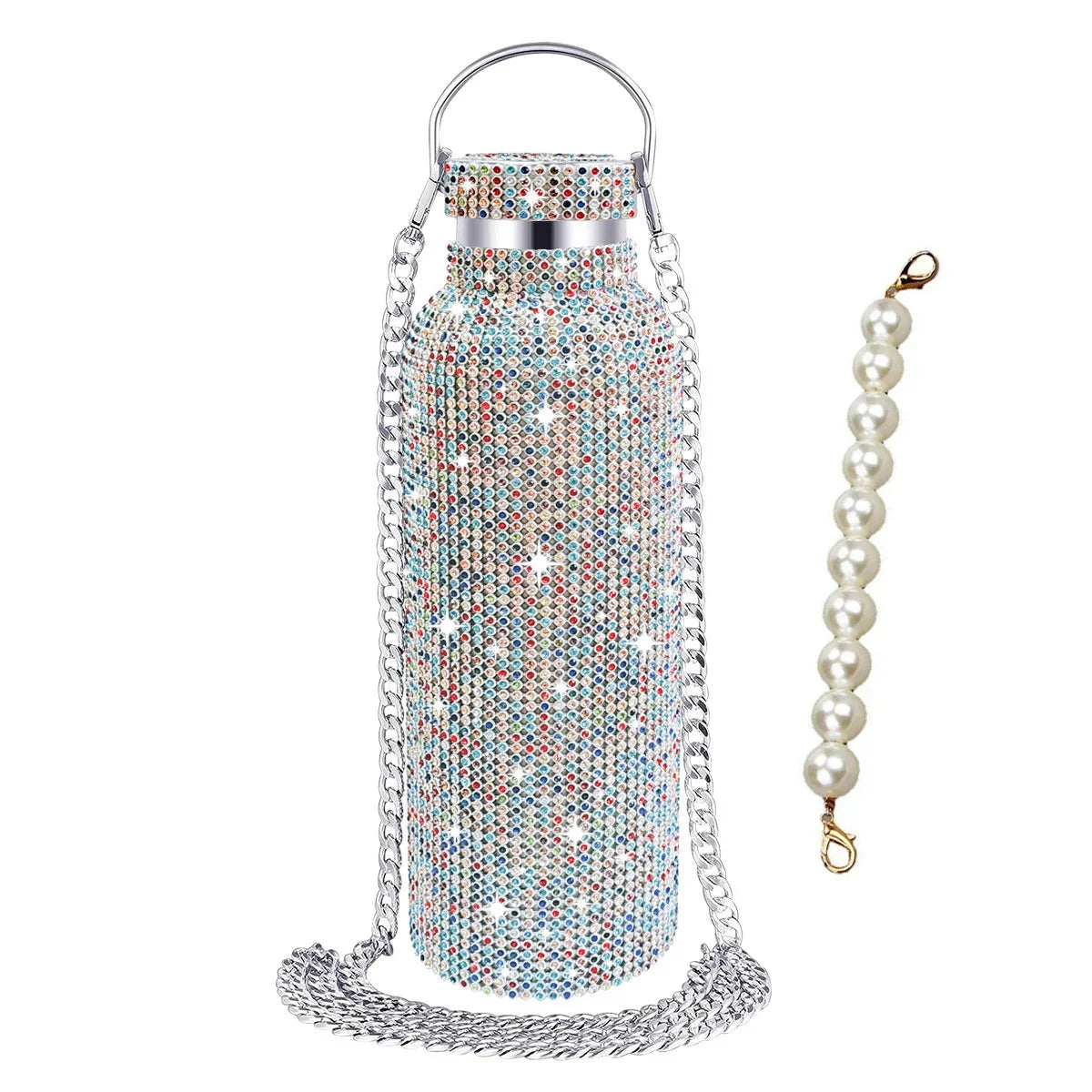 350/500/750/1000ml Luxury Rhinestone Thermos Bottle 2pcs Chain Portable Water Bottle Double Wall Stainless Steel Thermal Flask