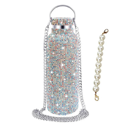 350/500/750/1000ml Luxury Rhinestone Thermos Bottle 2pcs Chain Portable Water Bottle Double Wall Stainless Steel Thermal Flask
