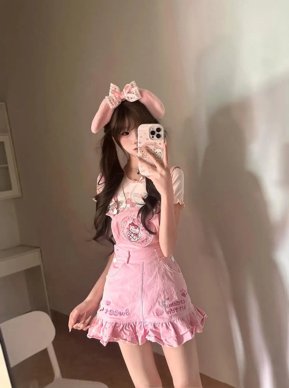 Sweet Girl Pink Overall Skirt Set Kawaii Strawberry Embroidery Ruffle Hem Cute Cartoon Print Jumper Outfit Summer Y2k Outfits