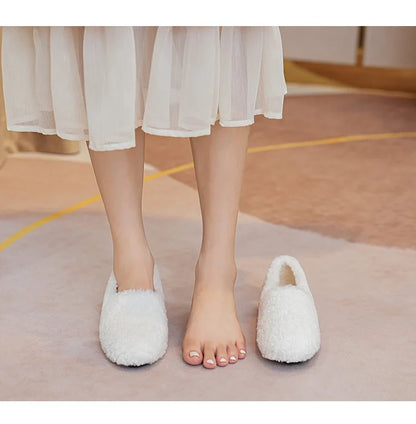 Big Size 43 Women Lambswool Slippers Winter Sheep Fur Shoes Ladies Flat Cotton Slides Home Pantuflas Daily Slip On Furry Mules