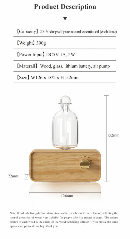 Rechargeable Essential Oil Diffuser Waterless Nebulizing Diffuser Electric Smell for Home Office Wood and Glass Aroma Diffuser