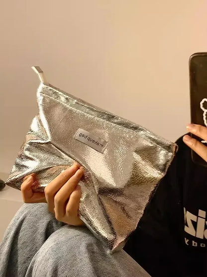 Portable Large Capacity Shiny Sequins Cosmetic Bags Silver Champagne for Women Toiletries Skincare Storage Bag Make Up Pouch