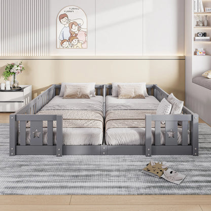 Rosahqnda Children's Bed Floor Bed 90x200cm with Railing Gate,Pine Wooden Bed for Families with 2 Children,Children's Twin Bed