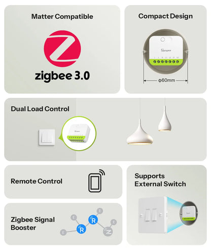 SONOFF MINI DUO 2-Gang Zigbee Smart Switch MINI-ZB2GS Small & Safe Dual-Load Control Supports External Switch Require zigbee hub