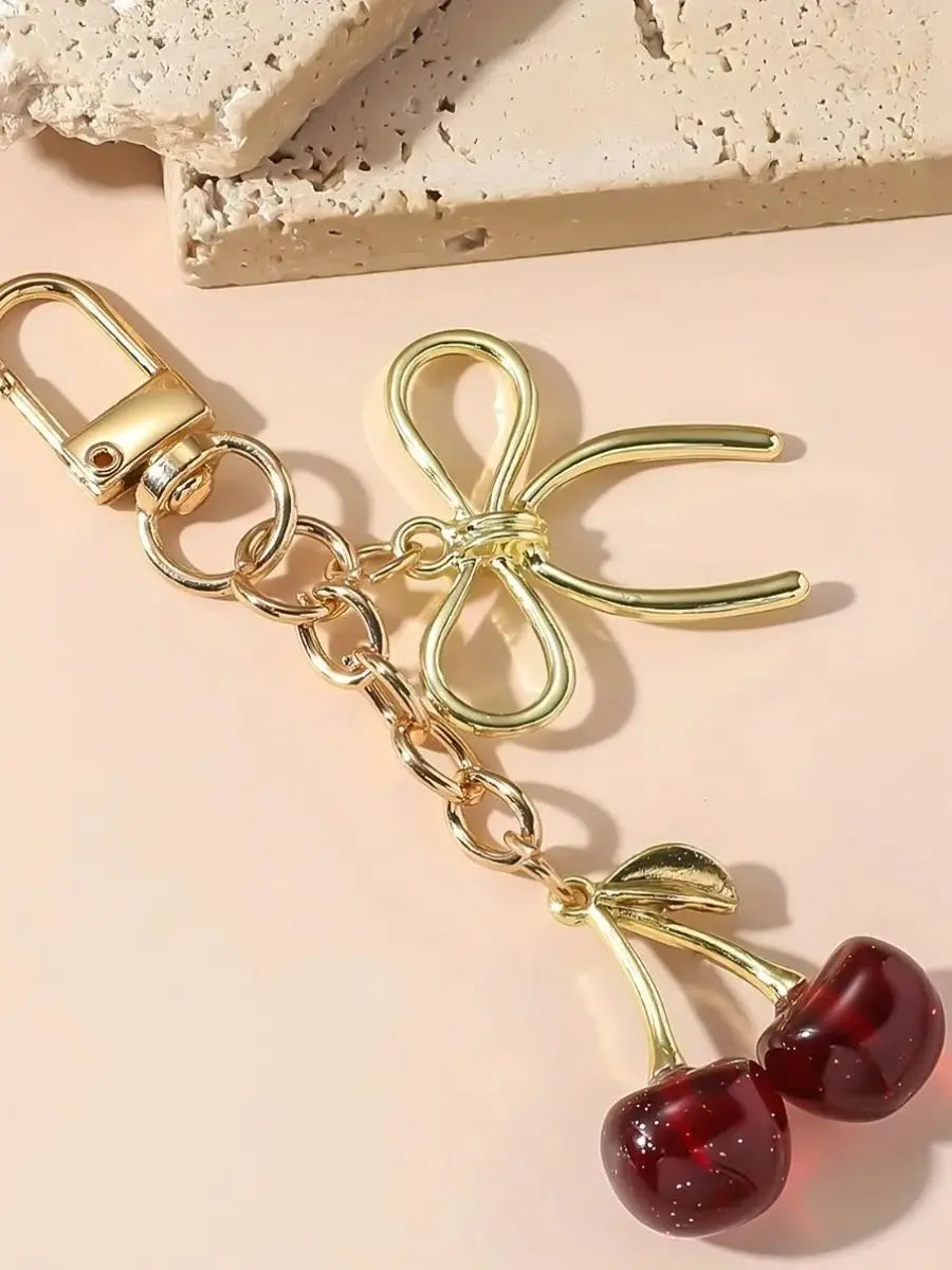 1pc Unisex Red Cherry Shaped Keychain With Fashionable Bow Pendant, Luxury Handbag Key Ring Accessory For Mother's Day Eid al Ad