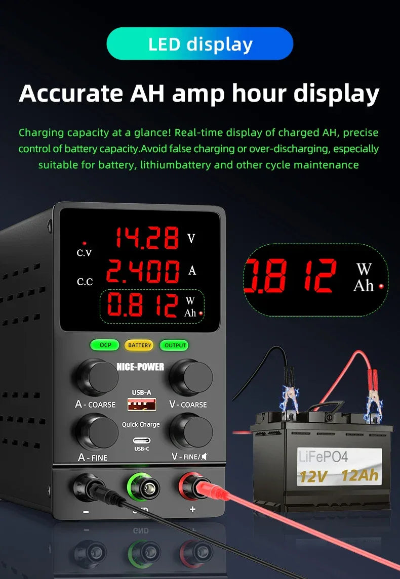 NICE POWER Adjustable DC Power Supply 12V/24V Lead-acid Battery Charging Auto-Stop When Full Reverse Polarity Protection Source