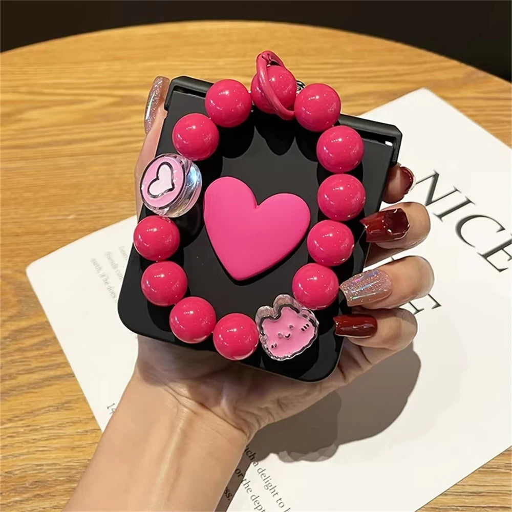 Korean Cute Pink Beads Bracelet Strap Love Phone Case For Motorola Razr 40 50 ultra For Z Flip 7/6/5/4/3 Hinge Protective Cover