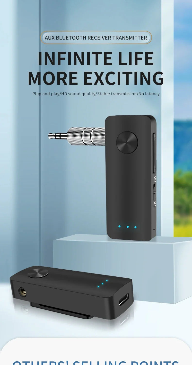 2-In-1 Wireless Audio Adapter Bluetooth 5.3 Receiver Transmitter 3.5mm Jack AUX Lossless Sound MIC For Car Speaker TV PC