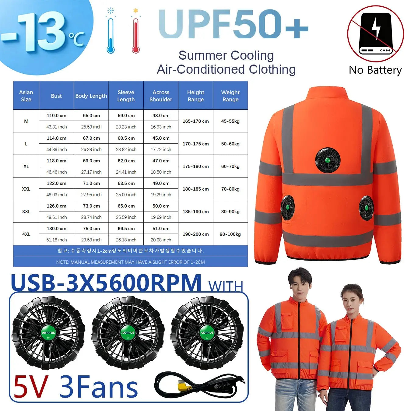 AKOOUS 6500 RPM 12V/5V USB 3-Fans Cooling Vest Air Conditioned Clothes Men Women Outdoor Work Fishing Body Cooling Jacket