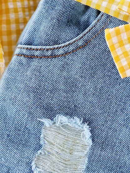 Summer Baby Girls Clothing Set & Denim Shorts Set 2-6Y | Yellow Plaid Ruffled Cami, Distressed Denim with Bow | Soft Breathable