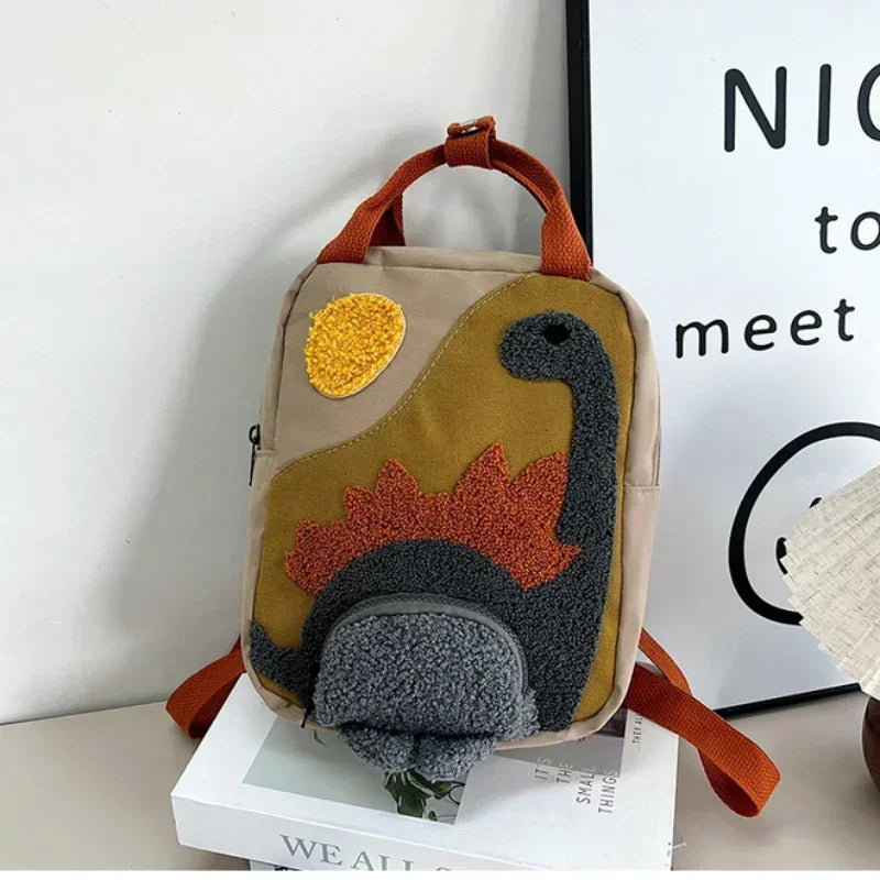 New Embroidery Sun Long Neck Small Dinosaur Backpack Hook Hair Embroidered Cartoon Canvas Kindergarten Children Backpack