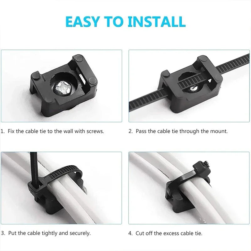 100PCS Cable Tie Mount Clips Saddle Type Cable Zip Ties Base Mount Screw Fixing Wire Holder Organizer Retardant Black 15x10mm