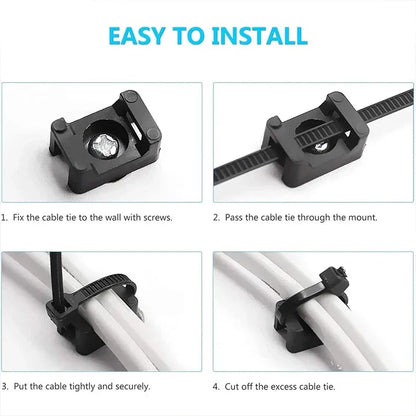 100PCS Cable Tie Mount Clips Saddle Type Cable Zip Ties Base Mount Screw Fixing Wire Holder Organizer Retardant Black 15x10mm