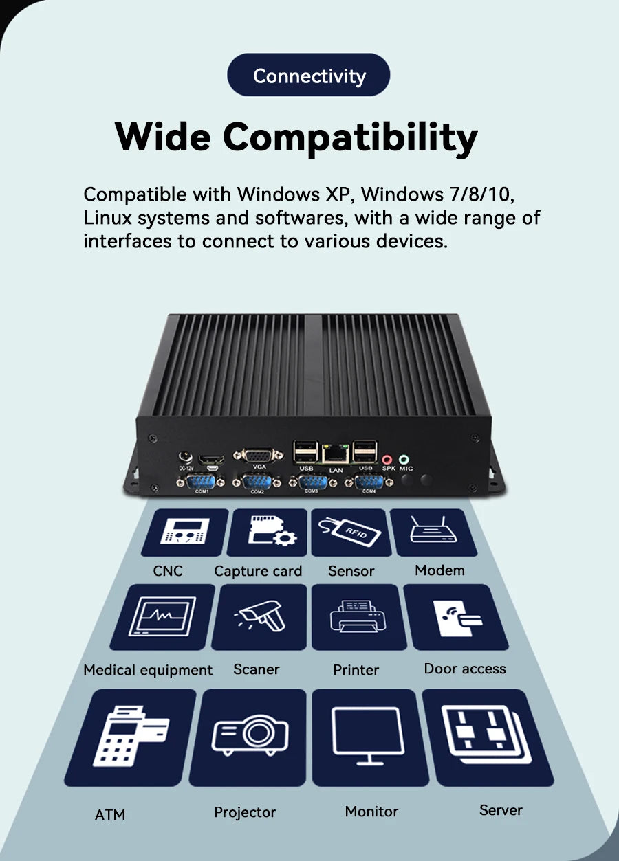 XCY Fanless Industrial Mini PC Intel Core I5-3317U 4x COM DB9 8x USB Support Windows XP/7/8/10 Linux