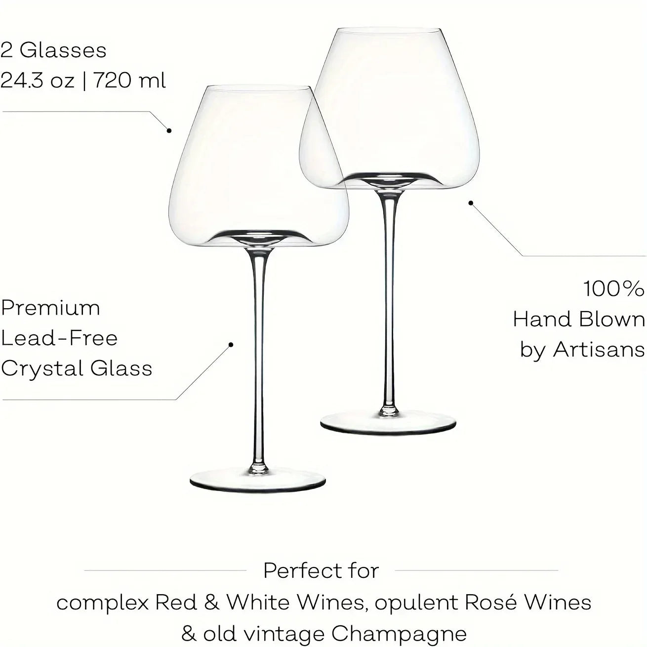 2 piece elegant hand-blown wine glasses - lead-free crystal, perfect for weddings, anniversaries and birthdays