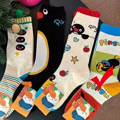 1/2Pairs Autumn and Winter Season Trendy Cartoon Cute Original Versatile Animal Colorful Pattern Simple Penguin Middle Socks