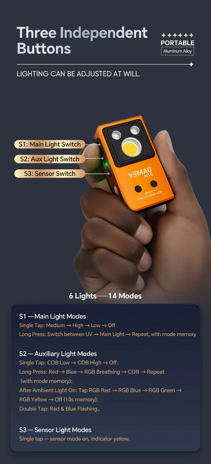 YEMAO M18 270LM Clip Pocket Flashlight 7 Color RGB Built-in 500mAh Battery Rechargeable 6 Light EDC Magnetic Sensor Lamp UVLight