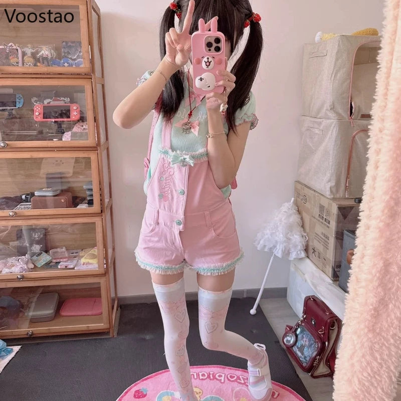 Japanese Kawaii Lolita Style Shorts T-Shirt Sets Women Sweet Cute Bow Cartoon Embroidery Tees Overalls Short Pants Y2k Outfits