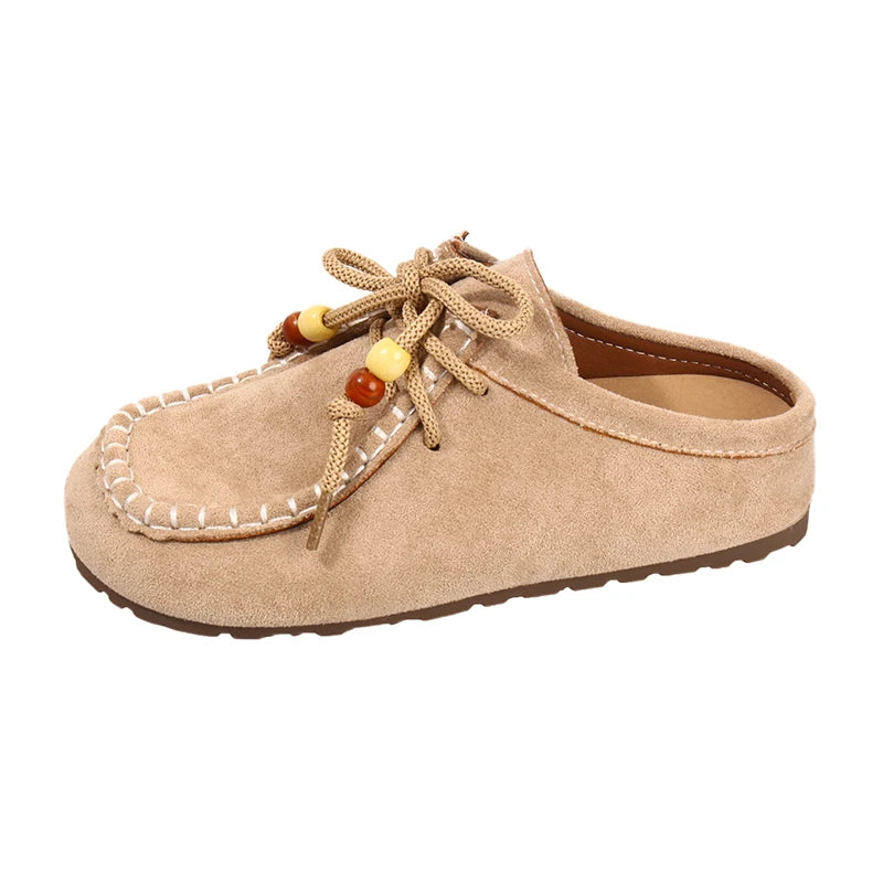 Baotou Slippers Spring New Round Head Deep Mouth Cow Suede Beaded Metal Buckle Soft Sole Anti-slip Wear-resistant Flat Shoes