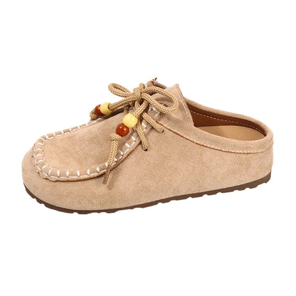 Baotou Slippers Spring New Round Head Deep Mouth Cow Suede Beaded Metal Buckle Soft Sole Anti-slip Wear-resistant Flat Shoes