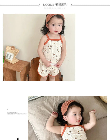 Baby Clothes Sets Summer Toddler Girl Strap Suits Cotton Printing Baby Boy Tops Tee and Shorts Infant Tracksuit Newborn Sets