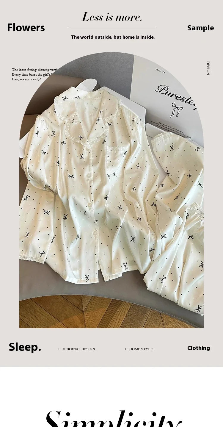 French-Inspired Chic, High-Fashion Aesthetic Instagram-Worthy Bow-Adorned Ice-Silk Lace-Trimmed Long-Sleeved Trouser Pyjamas