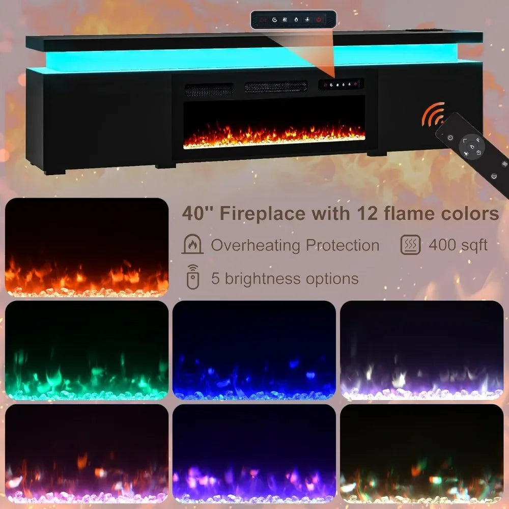 85’’ Fireplace TV Stand for 90 Inch TVs, Modern Entertainment Centers with LED Lights, High Gloss TV Console with 40’’ Electric