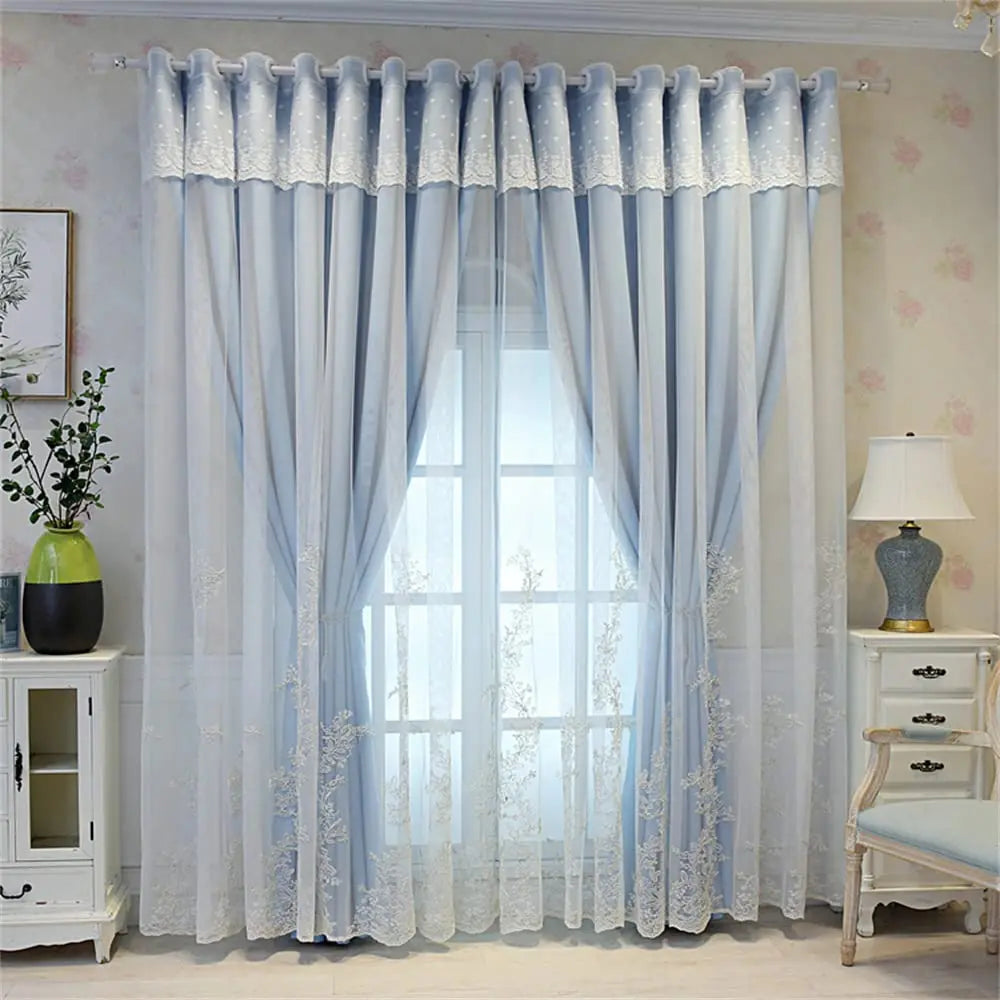 Luxury Beige Double Layer Embroidery Blackout Curtain for Bedroom Living Room European Delicate Sheer Plus Darkening Cloth Drape