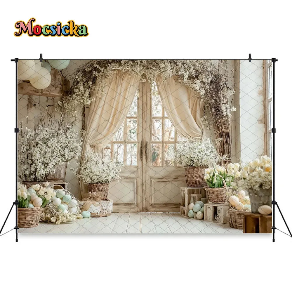 Mocsicka Spring Easter Background Photography White Retro Door Colorful Egg Floral Backdrop Maternity Newborn Photozone Studio