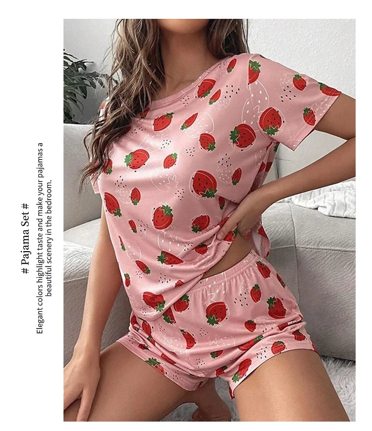 Pajamas Set for Women Breathable Strawberry Print Sleepwear Comfy Short Sleeve Top and Shorts Pyjama Home Loungewear for Ladies