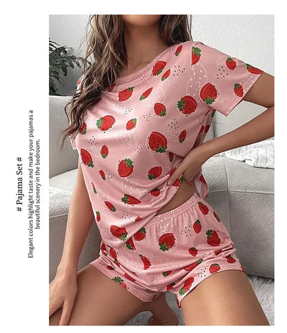 Pajamas Set for Women Breathable Strawberry Print Sleepwear Comfy Short Sleeve Top and Shorts Pyjama Home Loungewear for Ladies