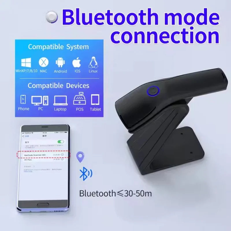 2D Wireless Barcode Scanner Cordless Automatic Scan Window Handheld Bar Code Reader for Retail Warehouse Inventory Tracking