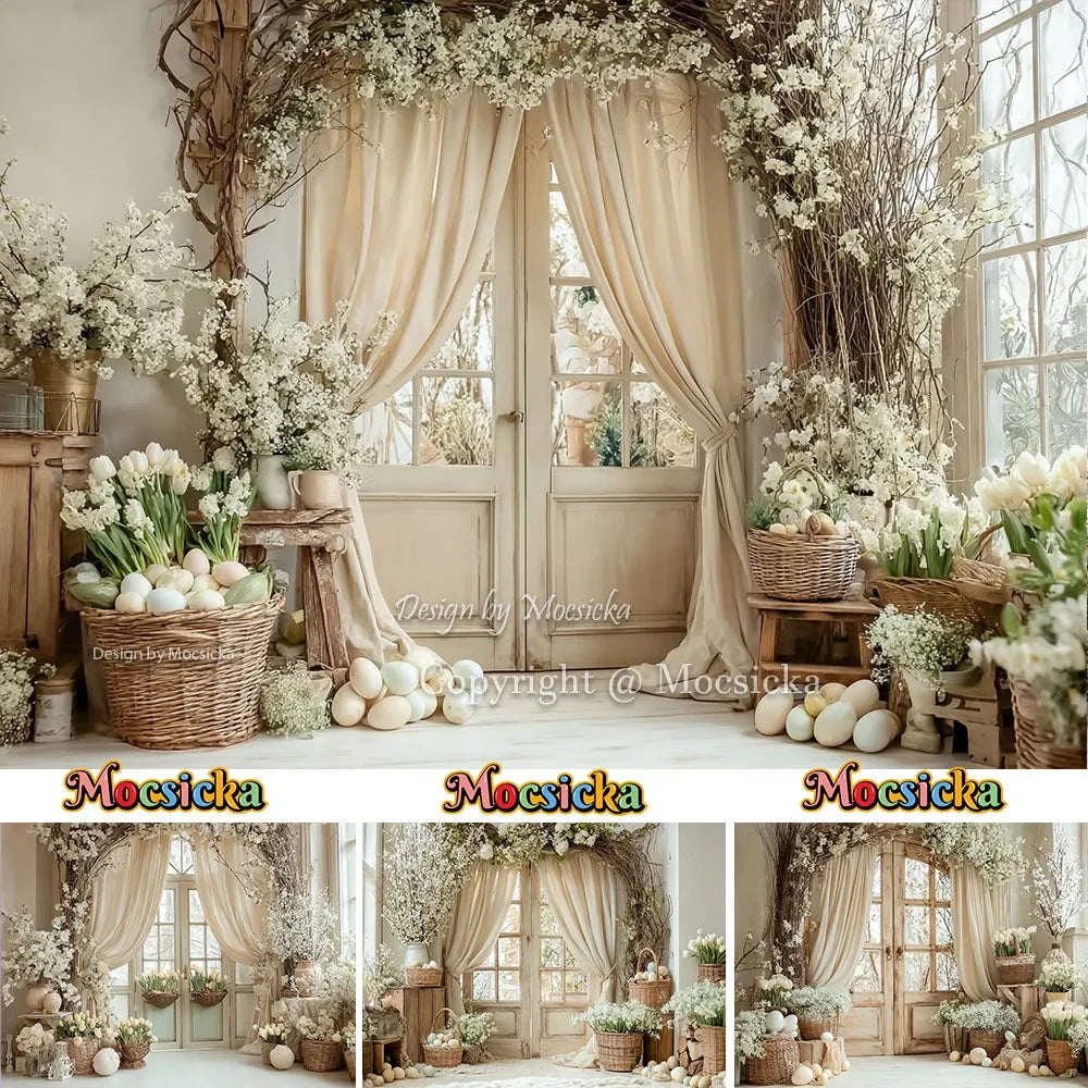 Mocsicka Spring Easter Background Photography White Retro Door Colorful Egg Floral Backdrop Maternity Newborn Photozone Studio