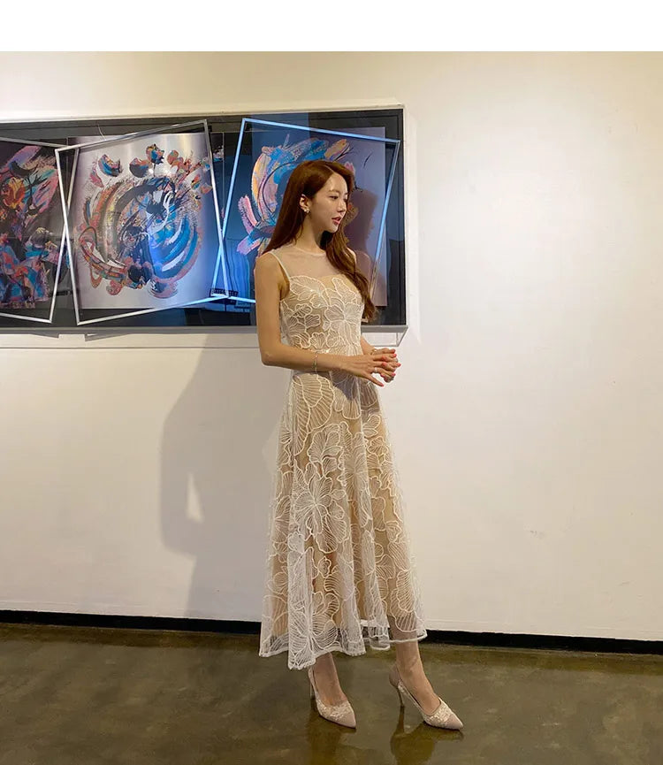 Fashion Slim O-Neck Long Party Casual Dress Hot Sale Summer Dresses Korean Retro Sleeveless Mesh Embroidery Vestidos