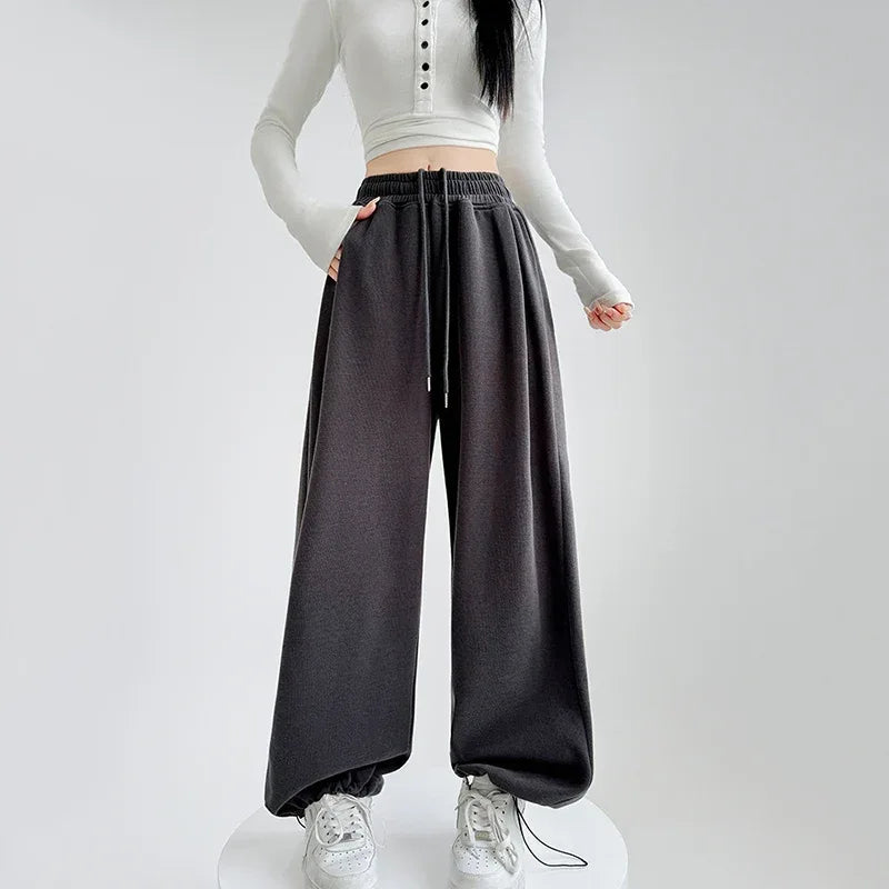 Black Gray High Waist Sweatpants Women Spring Autumn Elastic Waisted Wide Leg Trousers Woman Comfort Straight Loose Sport Pants