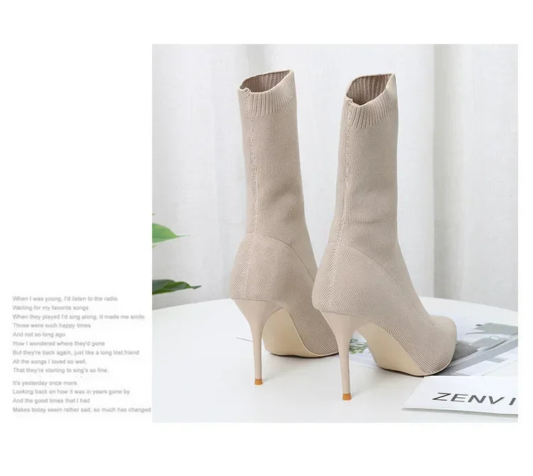 Comemore Knitting Stretch High Heels for Women Fashion Shoe 2025 Spring Autumn Ankle Boot Female Sexy Sock Boots Plus Size 34 42