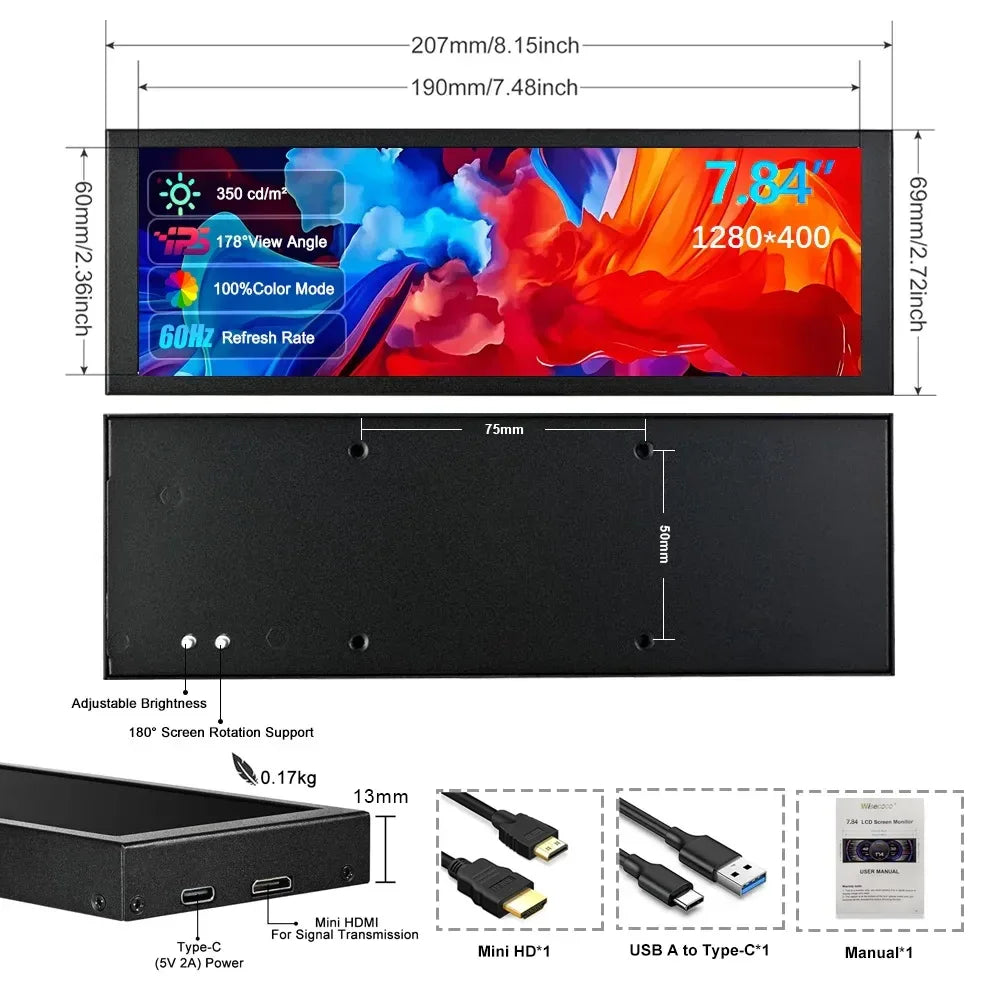 Wisecoco 11.3/8.8/7.84 inch HD IPS Secondary Screen Type-C for Laptop Computer Temperature DIY Aida64 CPU GPU Monitor