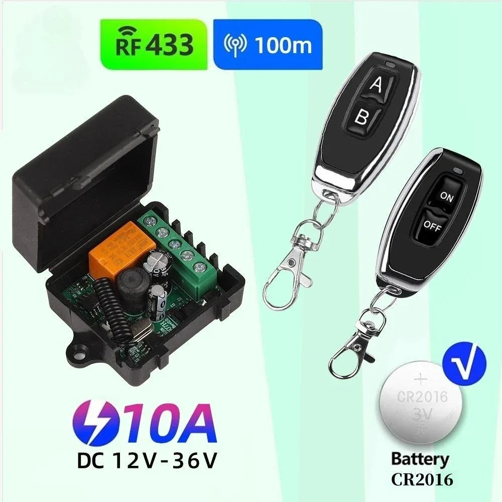 433Mhz RF Remote Control Wireless Switch DC 12V 24V 36V 10A 1CH RF Relay Receiver and 2CH Transmitter Kit For Intelligent Home