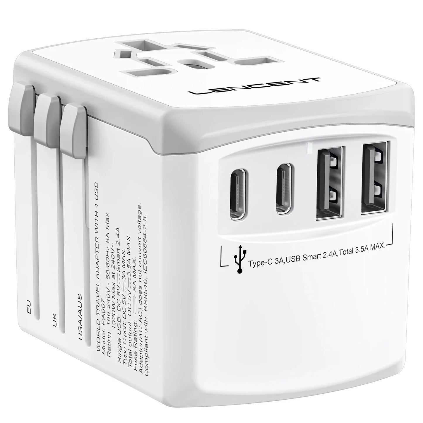 LENCENT Universal Travel  Adapter International  Plug Adaptor with 2 USB-C +2 USB-A Ports Wall Charger for EU UK USA AUS Travel