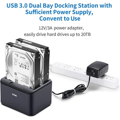 SSK Hard Drive Docking Station Dual Bay External HDD Dock for 2.5/3.5 Inch SATA HDD SSD with Offline Cloner/Duplicator Function