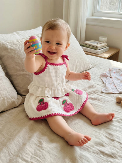 Sweet Baby Girl Summer Outfit Contrast Trim Ruffled Hem Cami Tops Cherry Applique Bow Skorts 2 Piece Girls Set